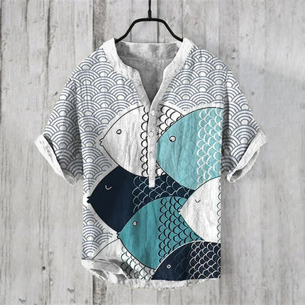 Men's and women's fashion summer casual St. Patrick's Day print Hawaiian linen V-neck shirt men's vacation seaside casual chen