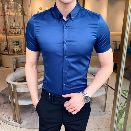 Neckline Embroidery Shirts Men Summer Short Sleeve Slim Fit Casual Shirt Men Solid Color Business Party Dress Shirt Streetwear