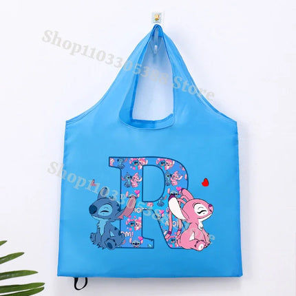 Disney Stitch Foldable Shopping Bag for Women Men High-capacity Reusable Handbags Cartoon Letter A-Z Printing Portable Tote-bags