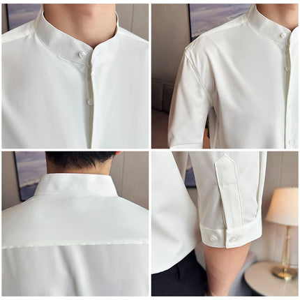 High Quality Chinese Style Stand Up Neck Shirt Men's Summer Mid Sleeved Slim Fit Casual Social Business Blouse Homme 4XL-M