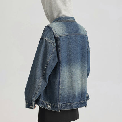 Women Retro Washed Denim Jacket Spring 2025 Oversized Drop Shoulder Loose Fit Casual Fashionable Lapel Collar Chic Jean Coat