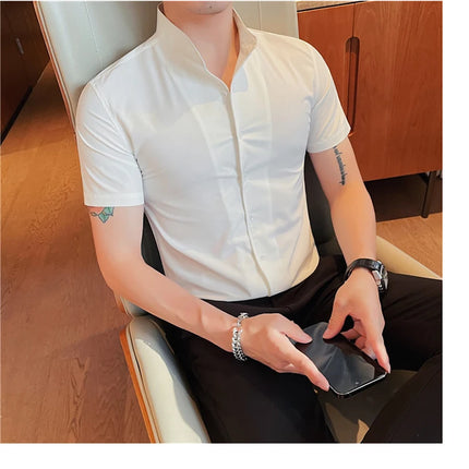 Men's Summer Fashion Stand Collar Business Casual Short Sleeve Shirt Luxury Slim Fit Solid Dress Shirt Brand Men Clothes 5XL-M