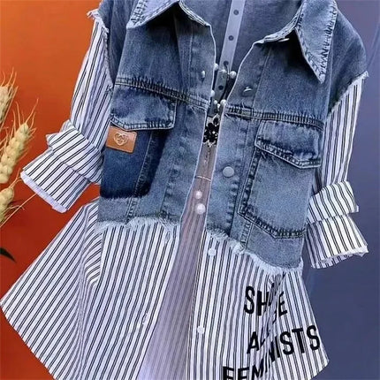 Women Denim Jacket Fake Two Denim Shirts 2025 New Spring Summer Autumn Casual Fashion Joker Stitching Striped Tops Coat Female