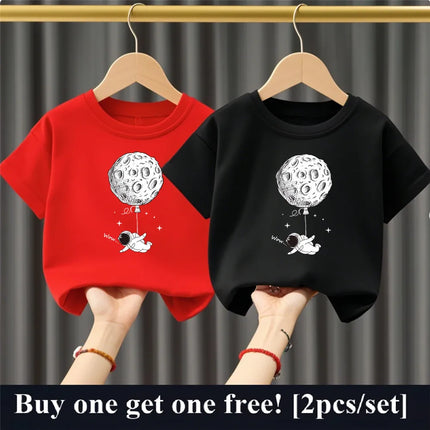 2pcs Boys Cartoon Astronaut  Print T Shirt Set Kids Cotton Short Sleeve Outfit Brother Friend Party Summer Tops 3-14years