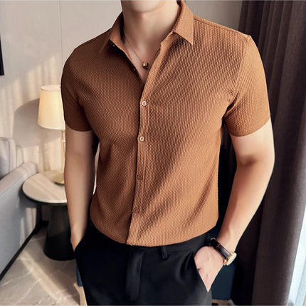 2024 Summer Waffle Shirt Luxury Men's Slim Fit Casual Short Sleeved Business Versatile Dress Shirt Men Clothing Plus Size 4XL-M