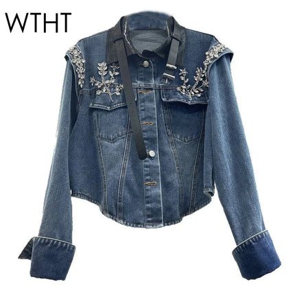 WTHT Vintage Women Heavy Indesty Spliced Leather Diamond Denim Jacket Fashion Lapel Long Sleeves Coat Female 2025 Summer 1LS1647
