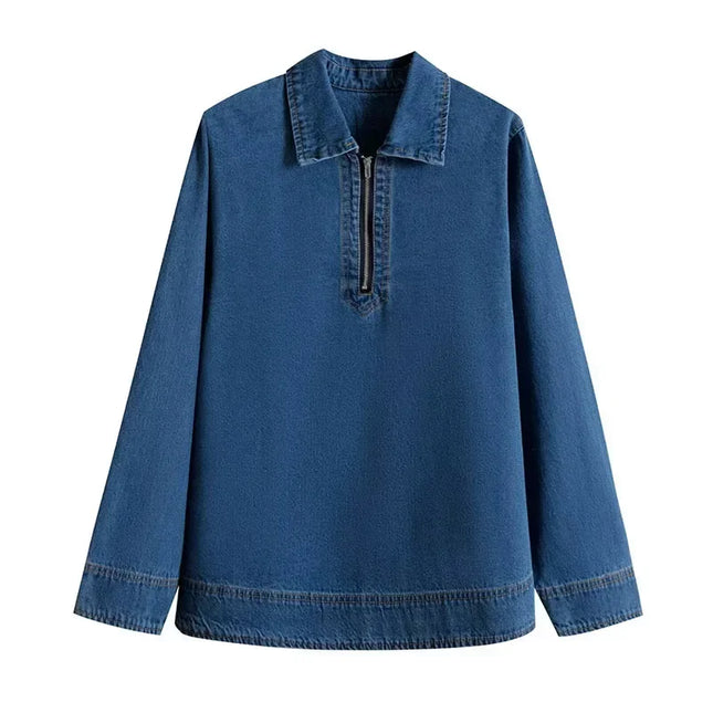 Casual Women's Polo Collar Denim Jacket Loose Long Sleeve Zipper Female Pullovers 2025 Spring Lady Fashion All-match Outwear