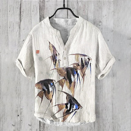 Men's short-sleeved tops 2024 summer casual T-shirts with underwater creatures jellyfish 3D pattern printing, fashionable linen