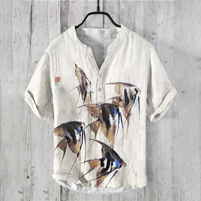 Men's short-sleeved tops 2024 summer casual T-shirts with underwater creatures jellyfish 3D pattern printing, fashionable linen