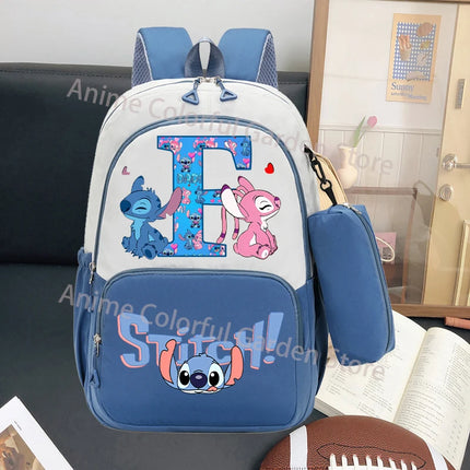 Disney Stitch Large Capacity Backpack with Pencil Bag Cartoon Letter A-Z Printed Fashion Schoolbag Book Stationery Storage Bags