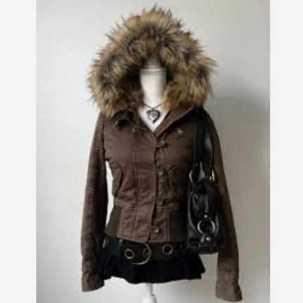 Essential brown fur collar hooded short jacket in Europe and America in autumn and winter Y2K fashionable versatile super warm