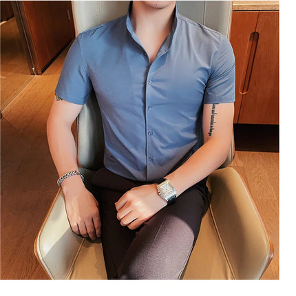 Men's Summer Fashion Stand Collar Business Casual Short Sleeve Shirt Luxury Slim Fit Solid Dress Shirt Brand Men Clothes 5XL-M