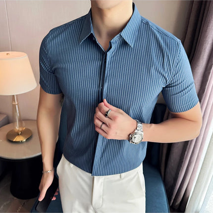 2024 Summer Fashion Vertical Striped Shirts Luxury Men's Hidden Button Short Sleeved Slim Fit Casual Business Shirt Men Clothing