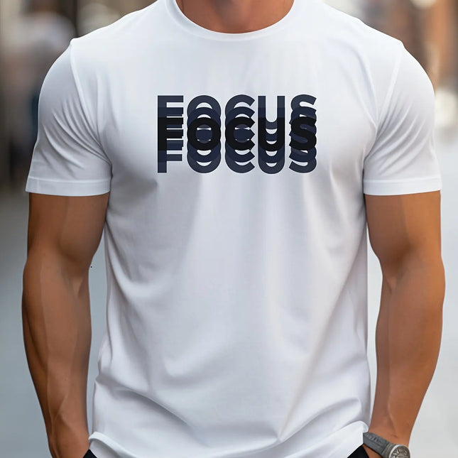 Men's 100% cotton casual sports loose oversized Focus print round neck short sleeved T-shirt top
