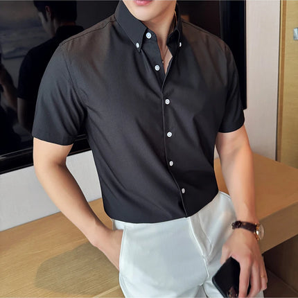 Plus Size 4XL-M High Quality Bamboo Fiber Fabric Dark Stripes Shirts Men Summer Slim Fit Casual Thin Breathable Social Shirt