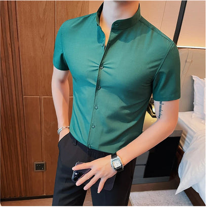 Men's Summer Fashion Stand Collar Business Casual Short Sleeve Shirt Luxury Slim Fit Solid Dress Shirt Brand Men Clothes 5XL-M