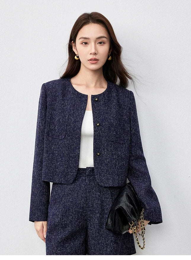 SENTUBILA Spring Women's Jackets 2025 Straight Cropped Office Lady Crewneck Long Sleeve Single Breasted Formal Coat 151W58771