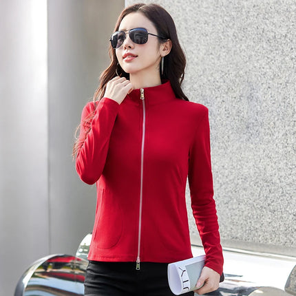 New Women's Zippered Stand Collar Jacket Slim Fit Long Sleeve Cotton Solid Color Casual Outerwear