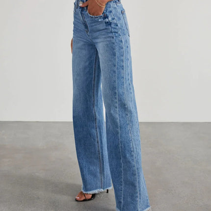 Spring Summer New Women's Clothing Solid Color Loose Wide Leg Side Seam Stitching Frayed Hem Jeans