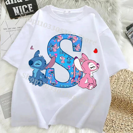 Disney Stitch T-shirts for Women Men Anime Letter A-Z Printed Short Sleeved Shirt Female Male Summer Fashion Top Adults Clothes