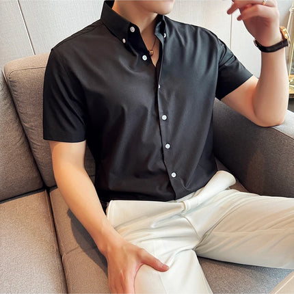 Plus Size 4XL-M High Quality Bamboo Fiber Fabric Dark Stripes Shirts Men Summer Slim Fit Casual Thin Breathable Social Shirt