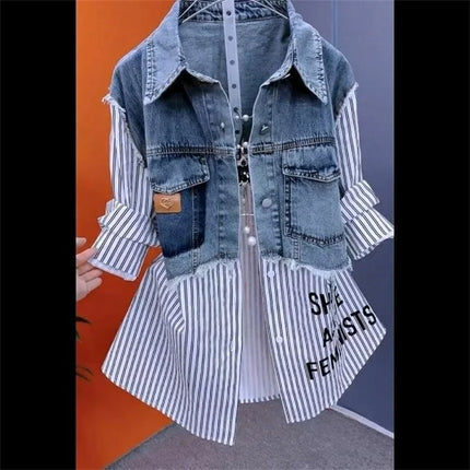 Women Denim Jacket Fake Two Denim Shirts 2025 New Spring Summer Autumn Casual Fashion Joker Stitching Striped Tops Coat Female