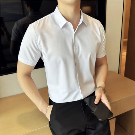 High Quality Ice Silk Elastic Jacquard Shirts 2024 Summer New Men Casual Short Sleeved Slim Fit Business Versatile Shirt 4XL-M