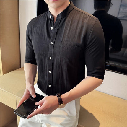 Summer New Chinese Style Stand Up Collar Shirt High Quality Slim Fit Half Sleeved Casual Social Party Shirt Men's Clothing 4XL-M