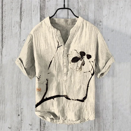 New pine tree landscape 3D printing stand collar short sleeve shirt foreign trade fashion casual loose bamboo fiber linen shirt