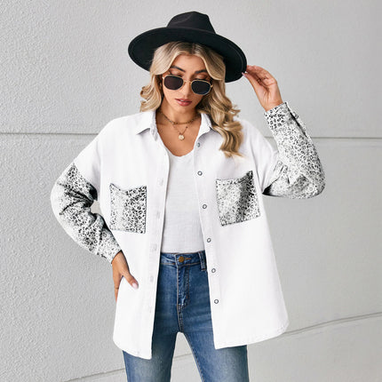 Washed Denim Jacket For Women Blouse Tops Long Sleeve Leopard Print Lady Shirt Casual Pocket Spring Women's Jean Cardigans