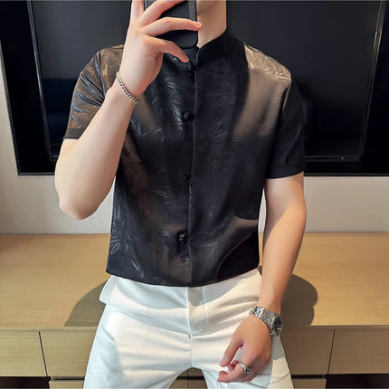 2024 Summer Chinese Style Standing Collar Shirts For Men Fashion Print Short Sleeve Slim Fit Casual Social Party Tuxedo 4XL-M