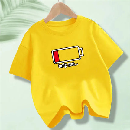 Battery Energy Low Help Me Printed T-Shirt For Boys Harajuku Funny T Shirt Kids Cotton Summer Tops Tee