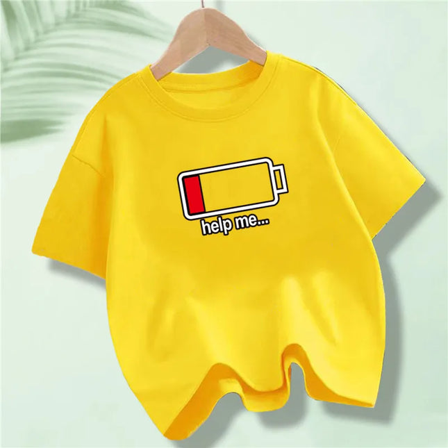 Battery Energy Low Help Me Printed T-Shirt For Boys Harajuku Funny T Shirt Kids Cotton Summer Tops Tee