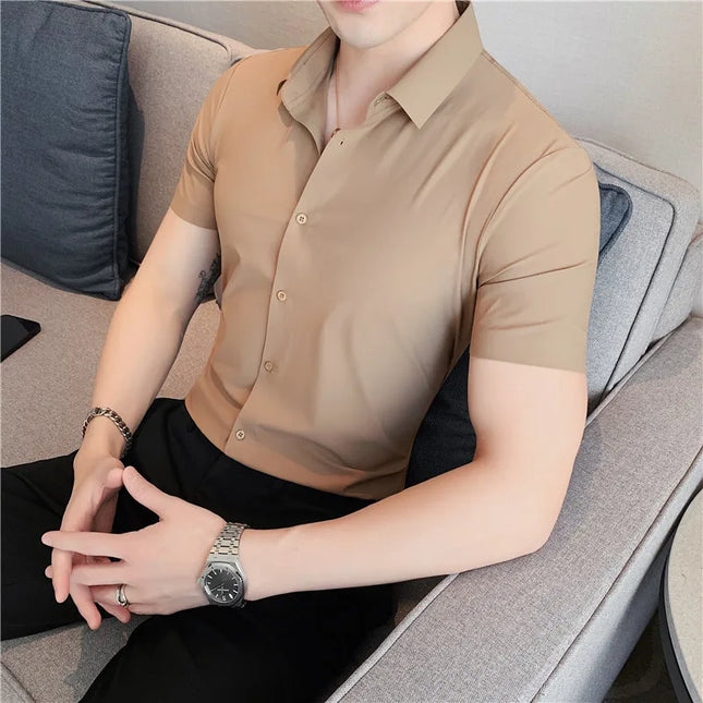 6 Colors Summer Ice Silk No Trace High Elasticity Shirt Men High Quality Short Sleeve Slim Fit Casual Business Dress Shirt 4XL-M