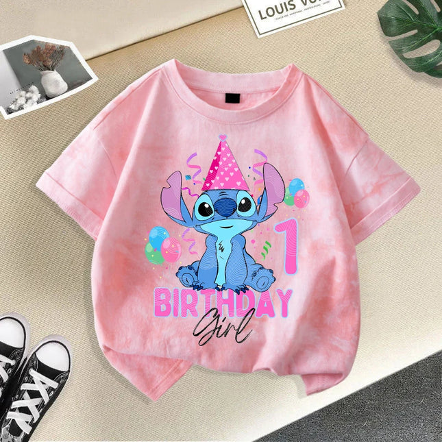Disney Stitch Tie-dye T-shirts for Children Anime Cartoon Number Printed Short Sleeved Shirt Boys Girls Summer Fashion Top Gifts