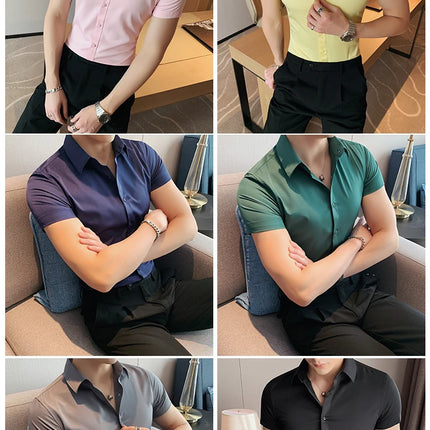 New Summer Men's Short Sleeve Shirt Fashion Business Slim Solid Color Shirt Formal Social Party Casual Dress Men's Clothing 7XL