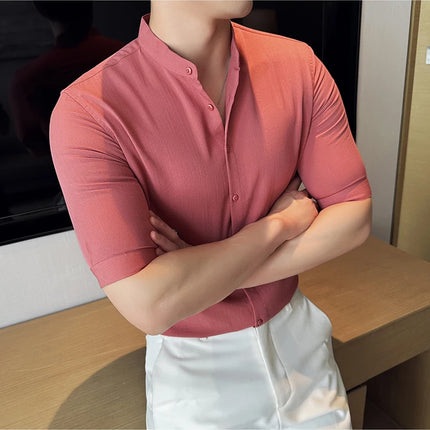 2024 Summer New Chinese Style Linen Shirts Men's Half sleeve Stand-Up Collar Linen Cotton Business Casual Slim Versatile Shirts