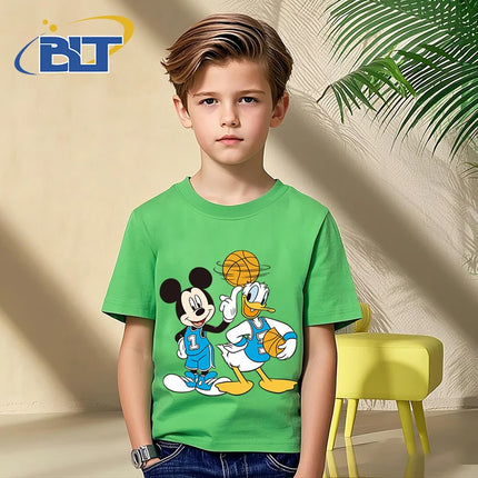 Disney Mickey Mouse and Friends print kids T-shirt pure cotton short-sleeved green top cartoon children's clothing for boys
