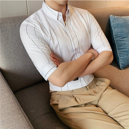 Black/White Summer Half Sleeve Striped Shirts Men 2023 Fashion Business Slim Fit Casual Blouse Social Tuxedos Plus Size 5XL-M
