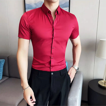 2025 Summer Solid Slim Fit Shirt High Quality Men Business Casual Short Sleeved Social Party Shirts Men Clothing Plus Size 5XL-M