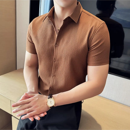 2024 Summer Waffle Shirt Luxury Men's Slim Fit Casual Short Sleeved Business Versatile Dress Shirt Men Clothing Plus Size 4XL-M