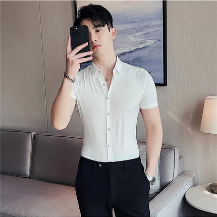 2024 Summer High Elasticity Seamless Short Sleeve Shirts Fashion Stripes Men Business Formal Wear Slim Fit Casual Dress Shirt