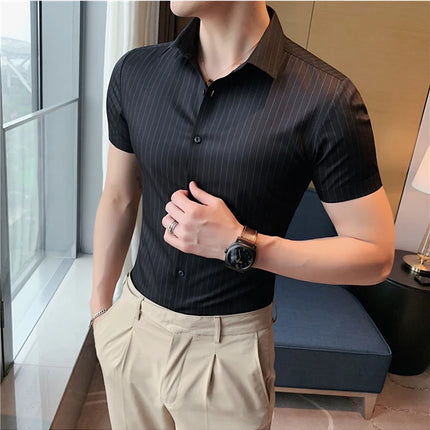 High Quality Ice Silk Traceless Striped Shirt Men's Summer Short Sleeve Slim Casual Business Shirts Tuxedo Men Clothing 4XL-M