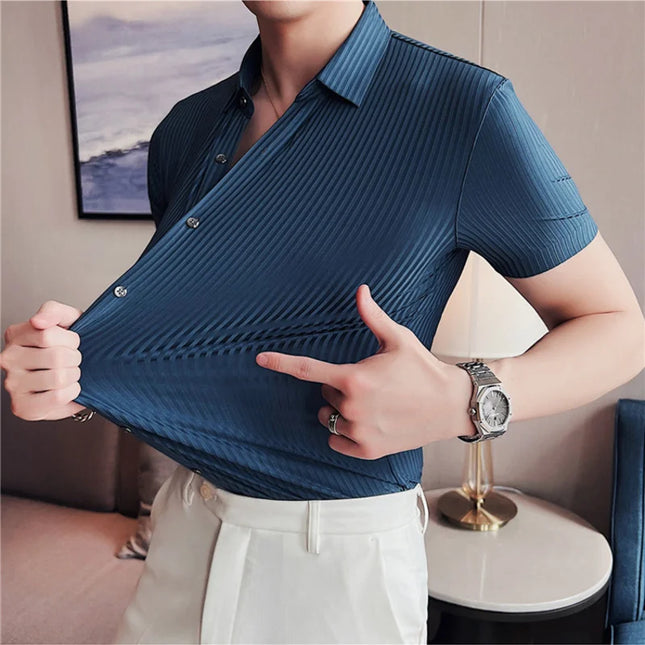 2024 Summer High Elasticity Seamless Short Sleeve Shirts Fashion Stripes Men Business Formal Wear Slim Fit Casual Dress Shirt
