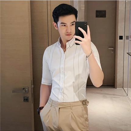 Black/White Summer Half Sleeve Striped Shirts Men 2023 Fashion Business Slim Fit Casual Blouse Social Tuxedos Plus Size 5XL-M