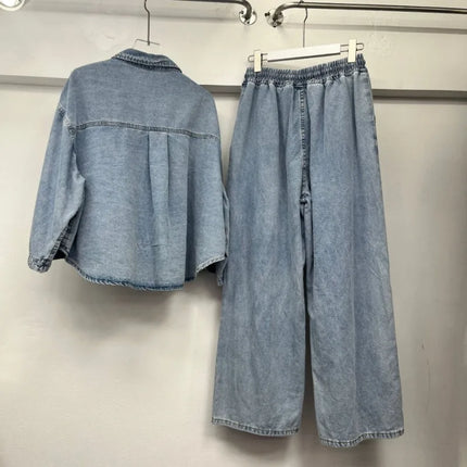 2025 Spring New Women's Beautiful Cartoon Graffiti Coat Heavy Industry Denim Jacket Straight Thin Wide-leg Pants Two-pieces Sets