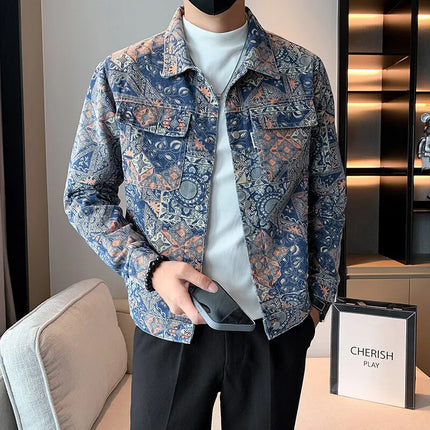 Men's Printed Denim Jacket in Red, Single Breasted Square Collar Coat, White Blue Trim, Asian Size M-4XL