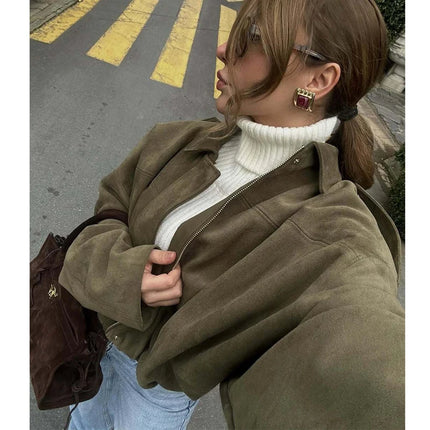 MUJER 2025 Suede Bomber Jackets for Women Outerwears Oversized Jacket Woman Streetwear Zip Women's Coats Padded Varsity Jackets