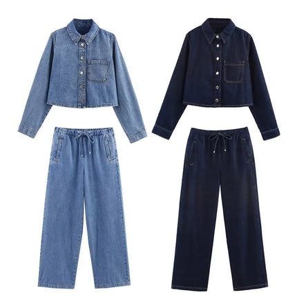 Spring Women's Suit Short Denim Shirt Jacket High Waist Department With Wide Leg Pants 2025 Casual Jacket Jeans 2-piece Set