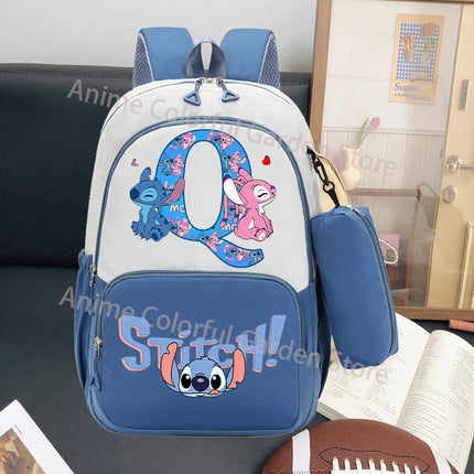 Disney Stitch Large Capacity Backpack with Pencil Bag Cartoon Letter A-Z Printed Fashion Schoolbag Book Stationery Storage Bags